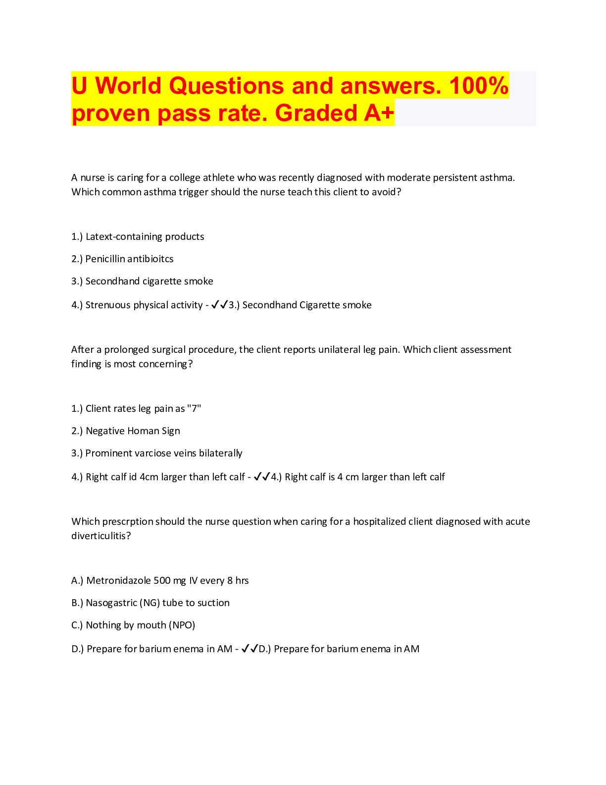 Preview image for U World Questions and answers. 100% proven pass rate. Graded A+